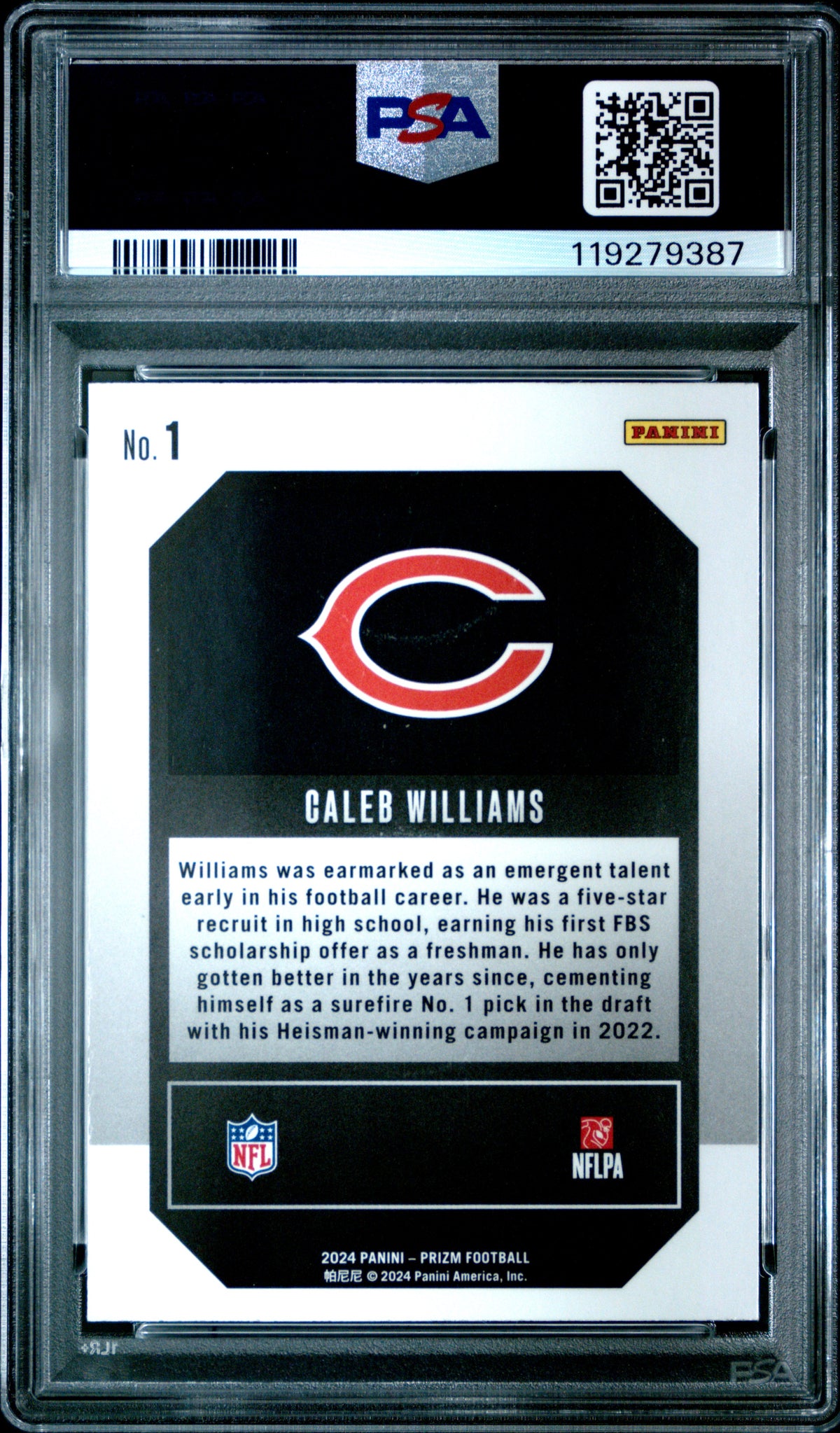 Caleb Williams 2024 Panini Prizm Emergent Football Rookie Card #1 Graded PSA 10 Cert # 119279387-Powers Sports Memorabilia