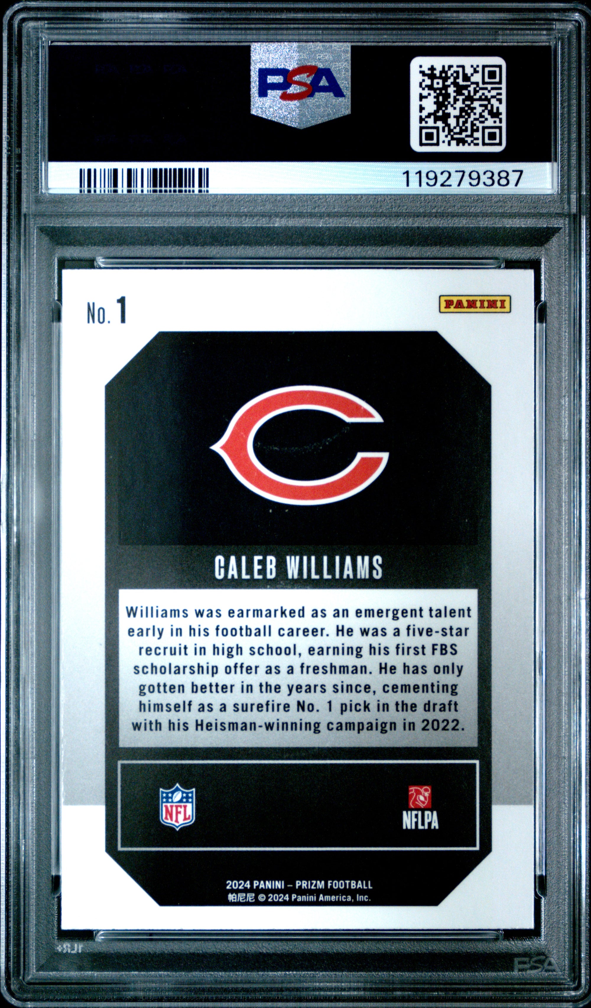Caleb Williams 2024 Panini Prizm Emergent Football Rookie Card #1 Graded PSA 10 Cert # 119279387-Powers Sports Memorabilia