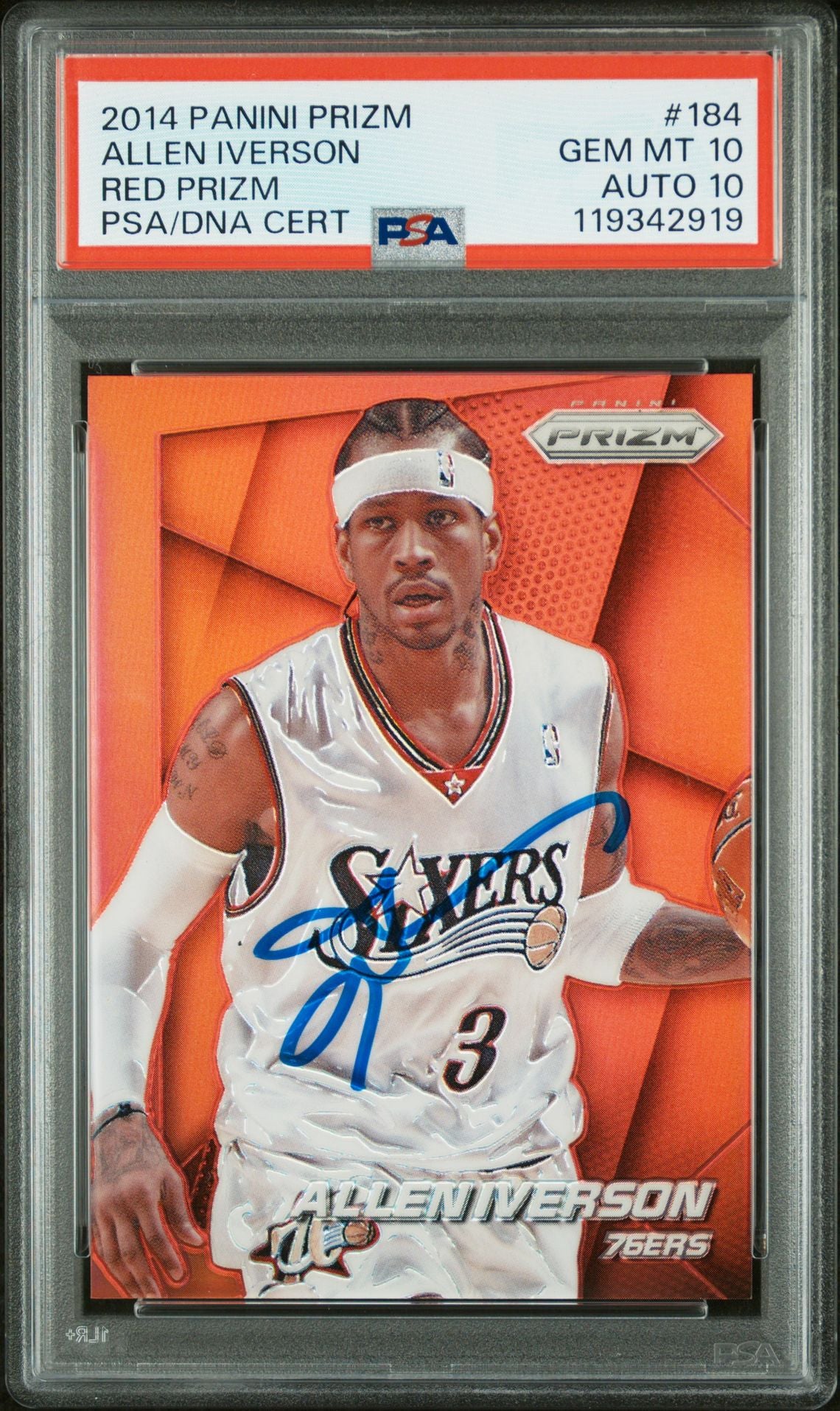 Allen Iverson 2014 Panini Red Prizm Signed Basketball Card #184 Graded PSA 10 Auto 10 17/49 Cert # 119342919-Powers Sports Memorabilia
