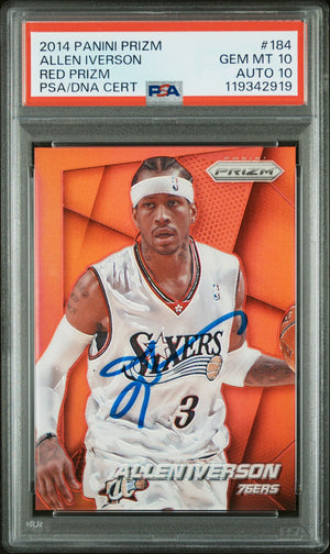 Allen Iverson 2014 Panini Red Prizm Signed Basketball Card #184 Graded PSA 10 Auto 10 17/49 Cert # 119342919-Powers Sports Memorabilia