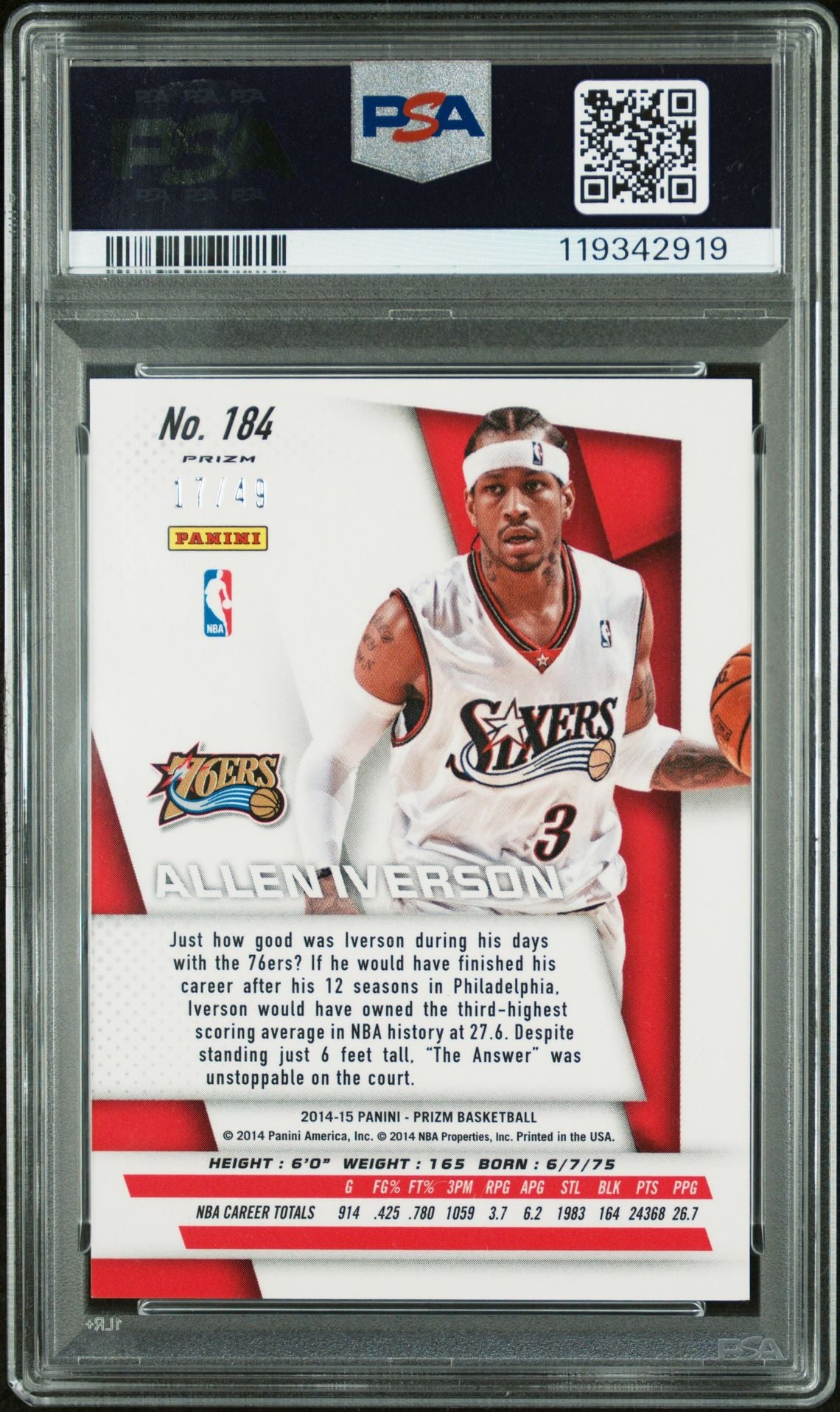Allen Iverson 2014 Panini Red Prizm Signed Basketball Card #184 Graded PSA 10 Auto 10 17/49 Cert # 119342919-Powers Sports Memorabilia