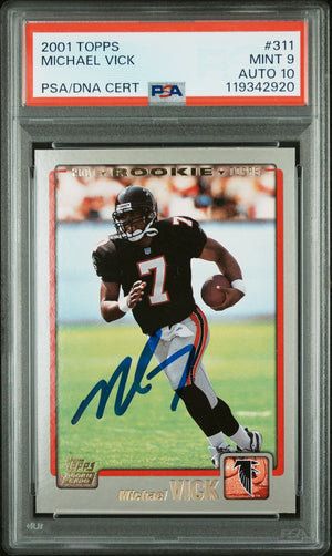 Michael Vick 2001 Topps Signed Football Rookie Card #311 Graded PSA 9 Auto 10 Cert # 119342920-Powers Sports Memorabilia