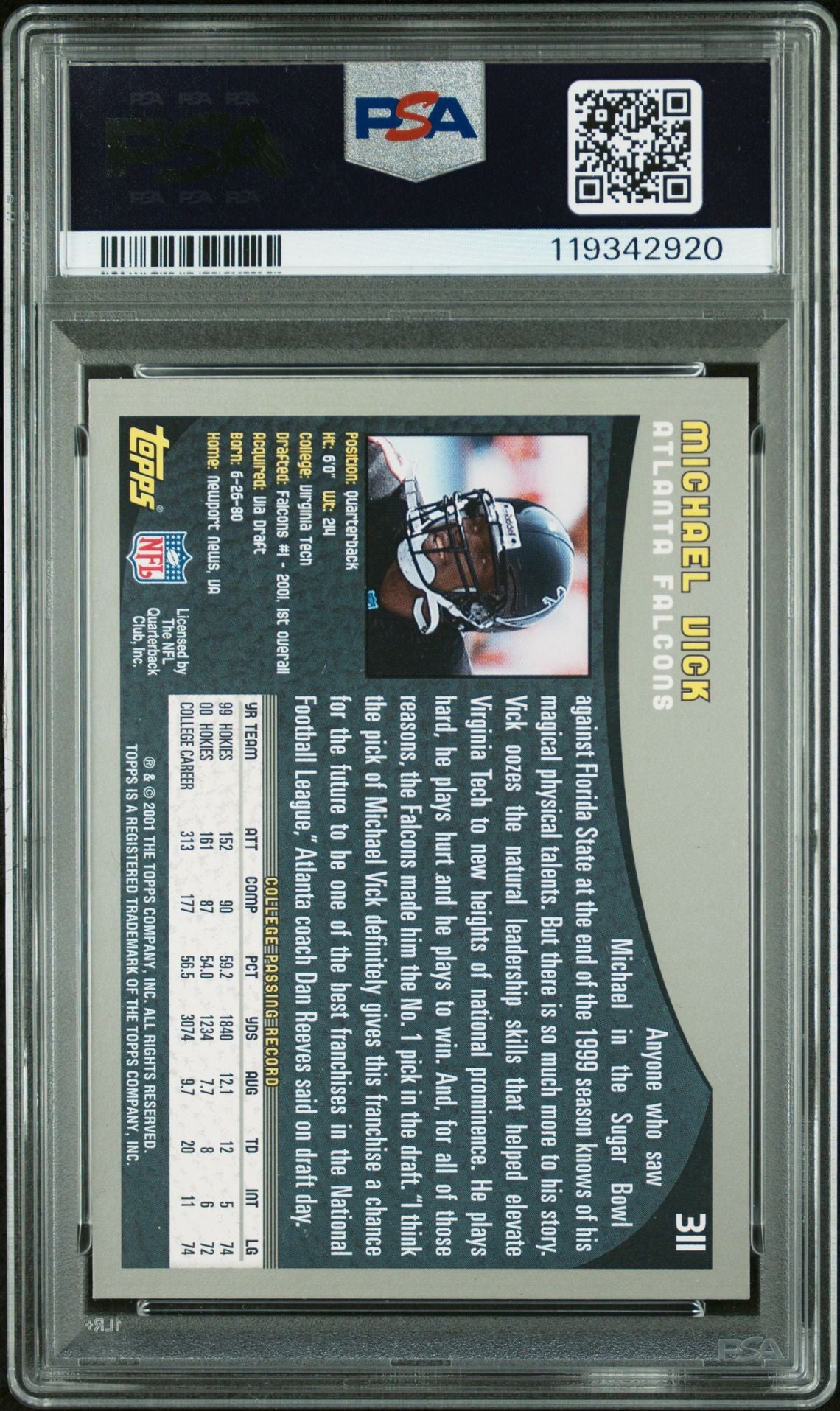 Michael Vick 2001 Topps Signed Football Rookie Card #311 Graded PSA 9 Auto 10 Cert # 119342920-Powers Sports Memorabilia