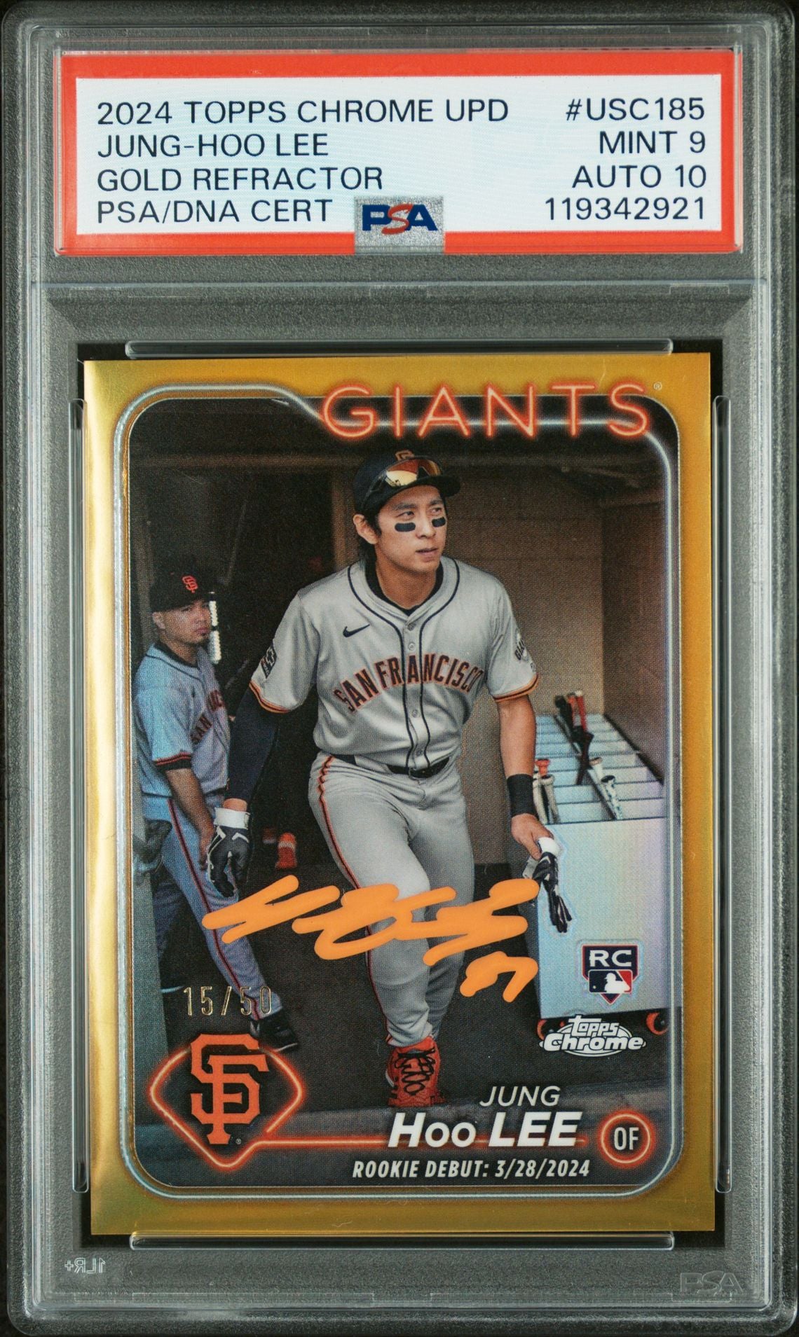 Jung-Hoo Lee 2024 Topps Chrome Gold Refractor Signed Baseball Rookie Card #USC185 Graded PSA 9 Auto 10 15/50 Cert # 119342921-Powers Sports Memorabilia