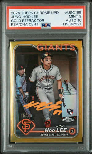 Jung-Hoo Lee 2024 Topps Chrome Gold Refractor Signed Baseball Rookie Card #USC185 Graded PSA 9 Auto 10 15/50 Cert # 119342921-Powers Sports Memorabilia