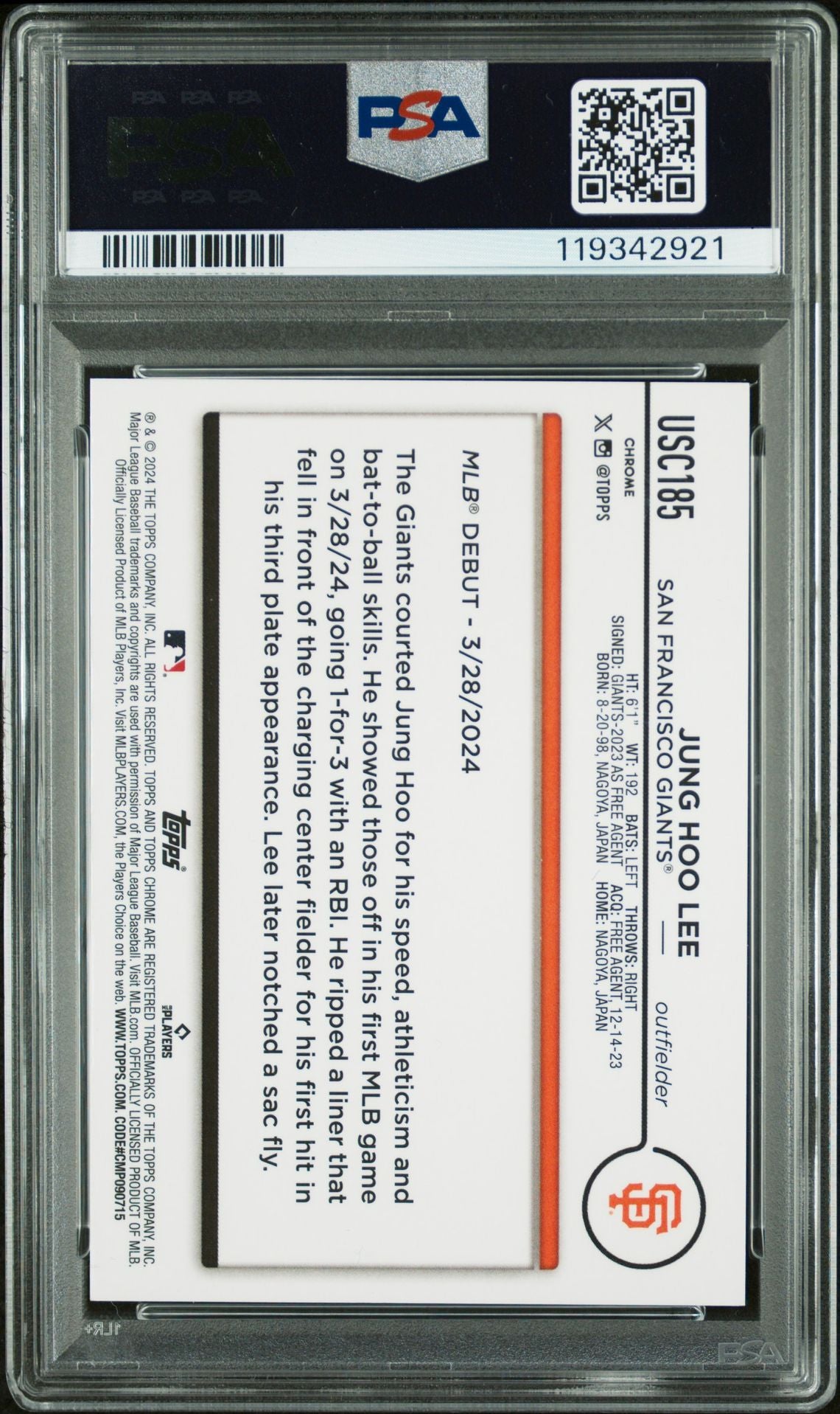 Jung-Hoo Lee 2024 Topps Chrome Gold Refractor Signed Baseball Rookie Card #USC185 Graded PSA 9 Auto 10 15/50 Cert # 119342921-Powers Sports Memorabilia