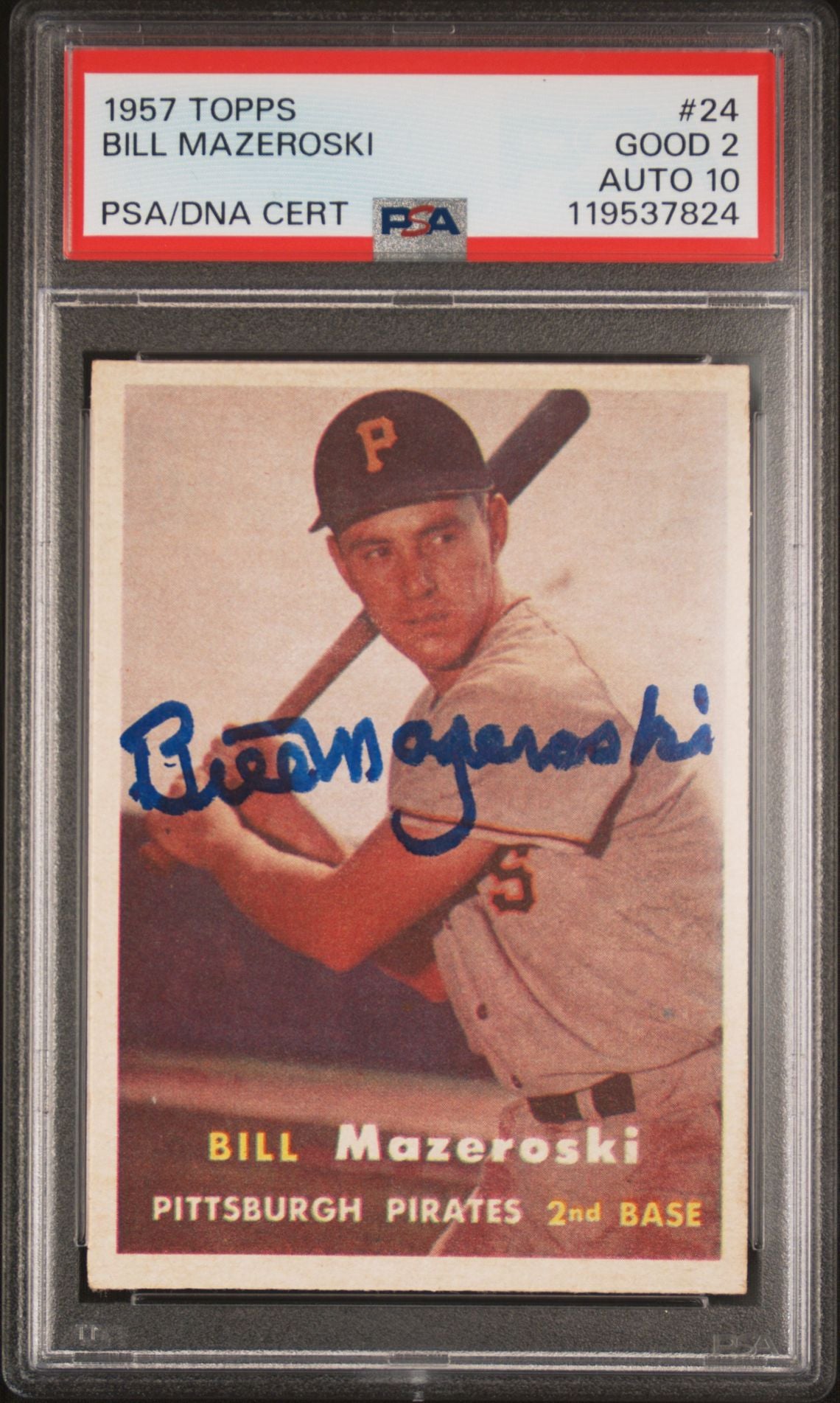 Bill Mazeroski 1957 Topps Signed Baseball Rookie Card #24 Graded PSA 2 Auto 10-Powers Sports Memorabilia