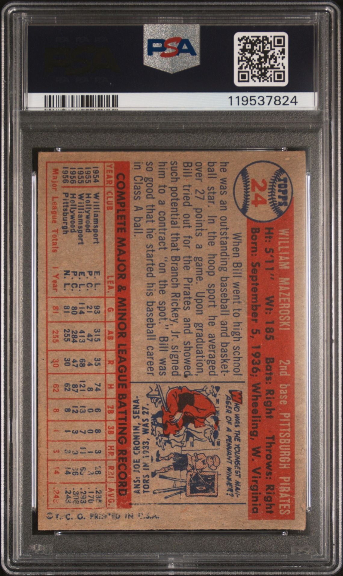 Bill Mazeroski 1957 Topps Signed Baseball Rookie Card #24 Graded PSA 2 Auto 10-Powers Sports Memorabilia