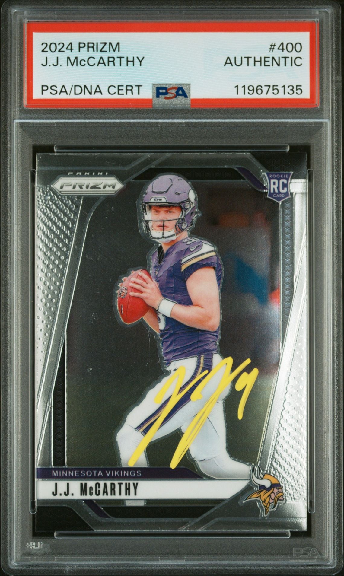 J.J. McCarthy 2024 Panini Prizm Signed Football Rookie Card #400 Auto PSA Authentic Cert # 119675135 JJ-Powers Sports Memorabilia