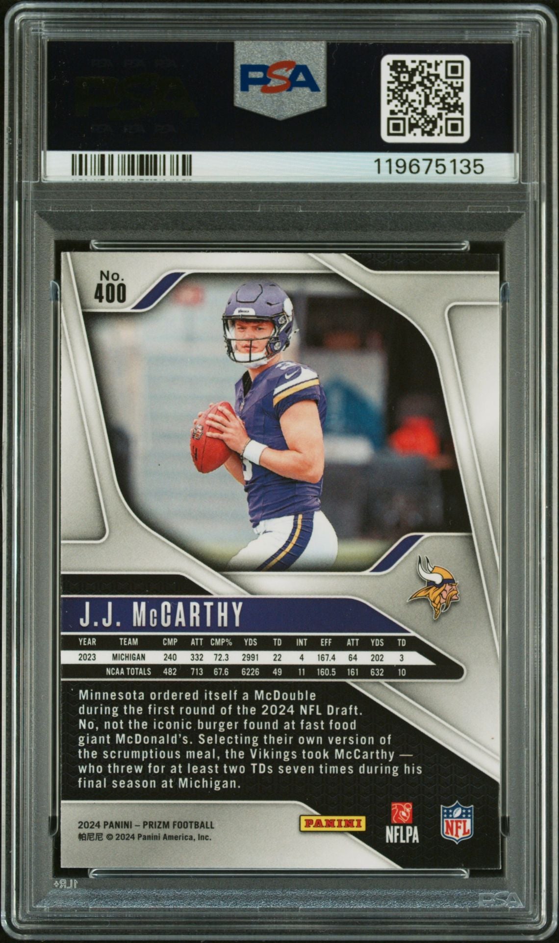 J.J. McCarthy 2024 Panini Prizm Signed Football Rookie Card #400 Auto PSA Authentic Cert # 119675135 JJ-Powers Sports Memorabilia