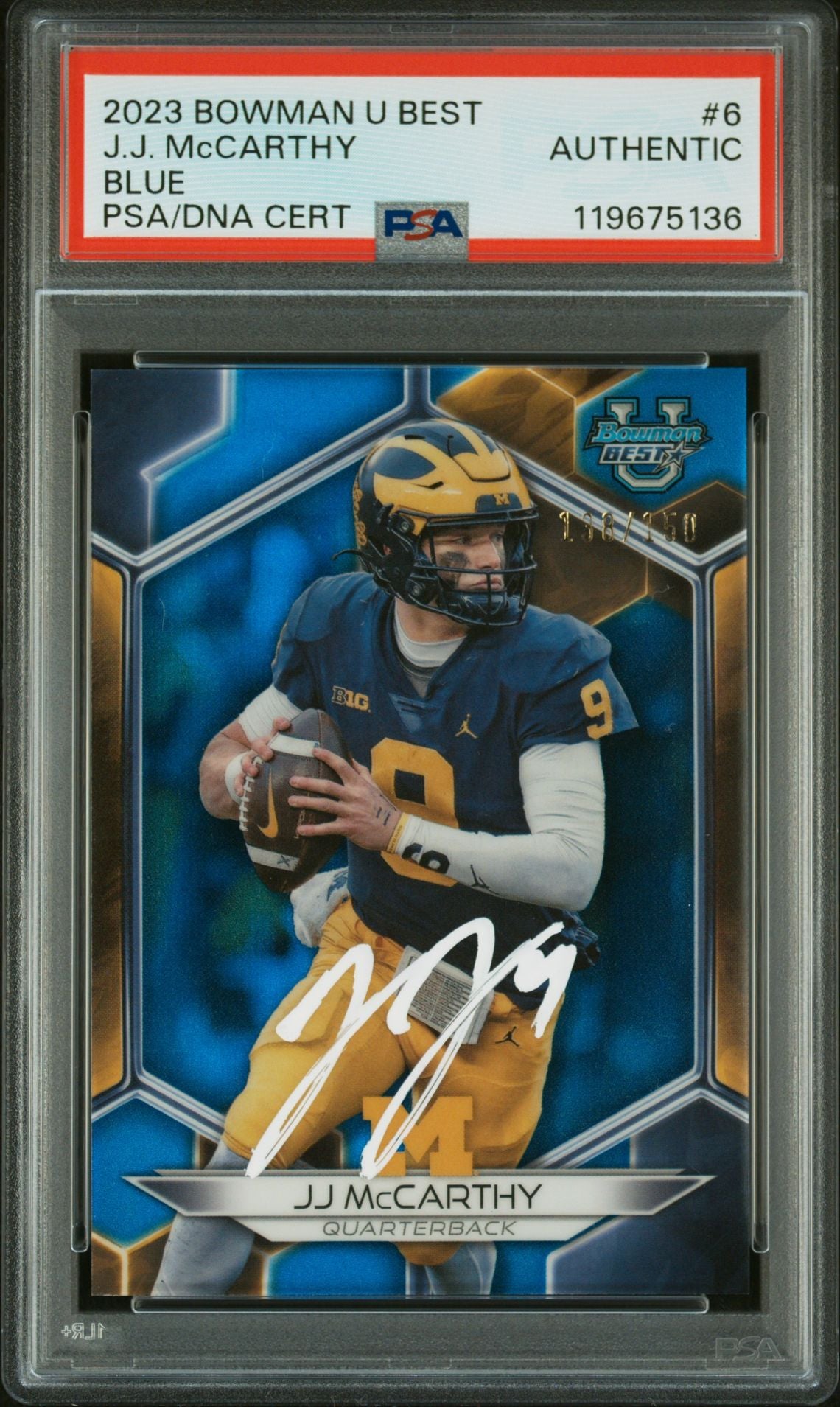 J.J. McCarthy 2023 Bowman U Best Blue Signed Football Rookie Card #6 Auto PSA Authentic 138/150 Cert # 119675136 JJ-Powers Sports Memorabilia