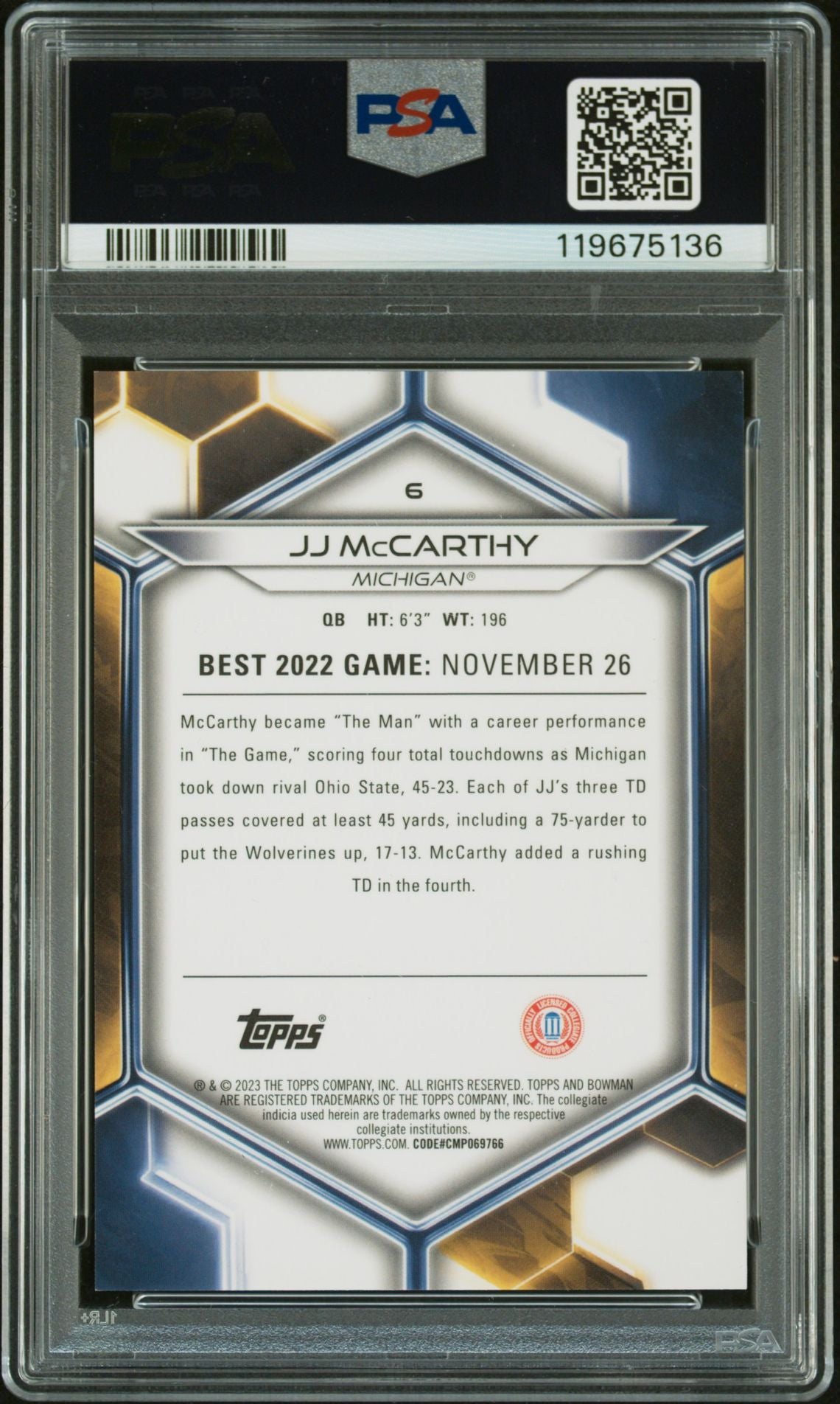 J.J. McCarthy 2023 Bowman U Best Blue Signed Football Rookie Card #6 Auto PSA Authentic 138/150 Cert # 119675136 JJ-Powers Sports Memorabilia