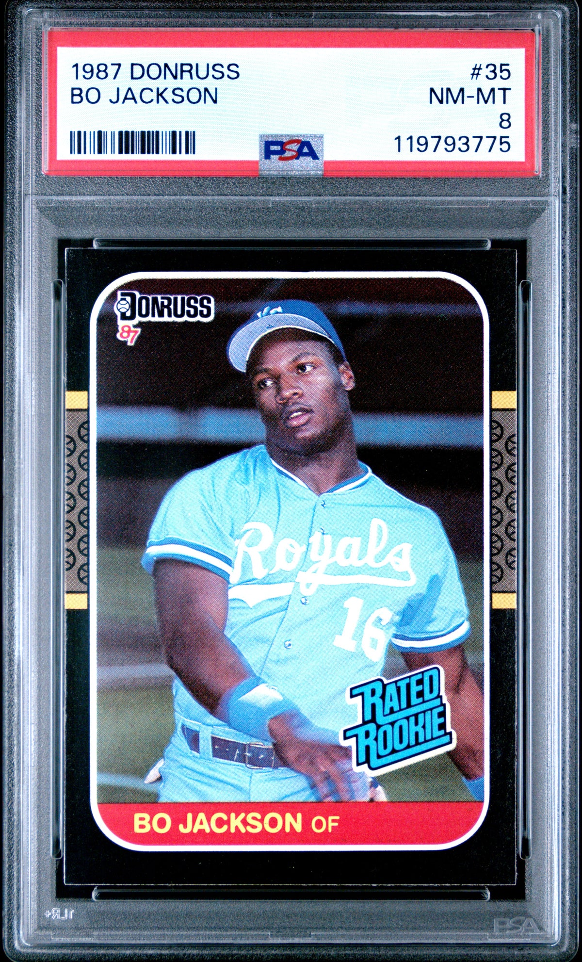 Bo Jackson 1987 Donruss Rated Rookie Kansas City Royals Baseball RC Card #35 Graded PSA 8 Cert #119793775-Powers Sports Memorabilia
