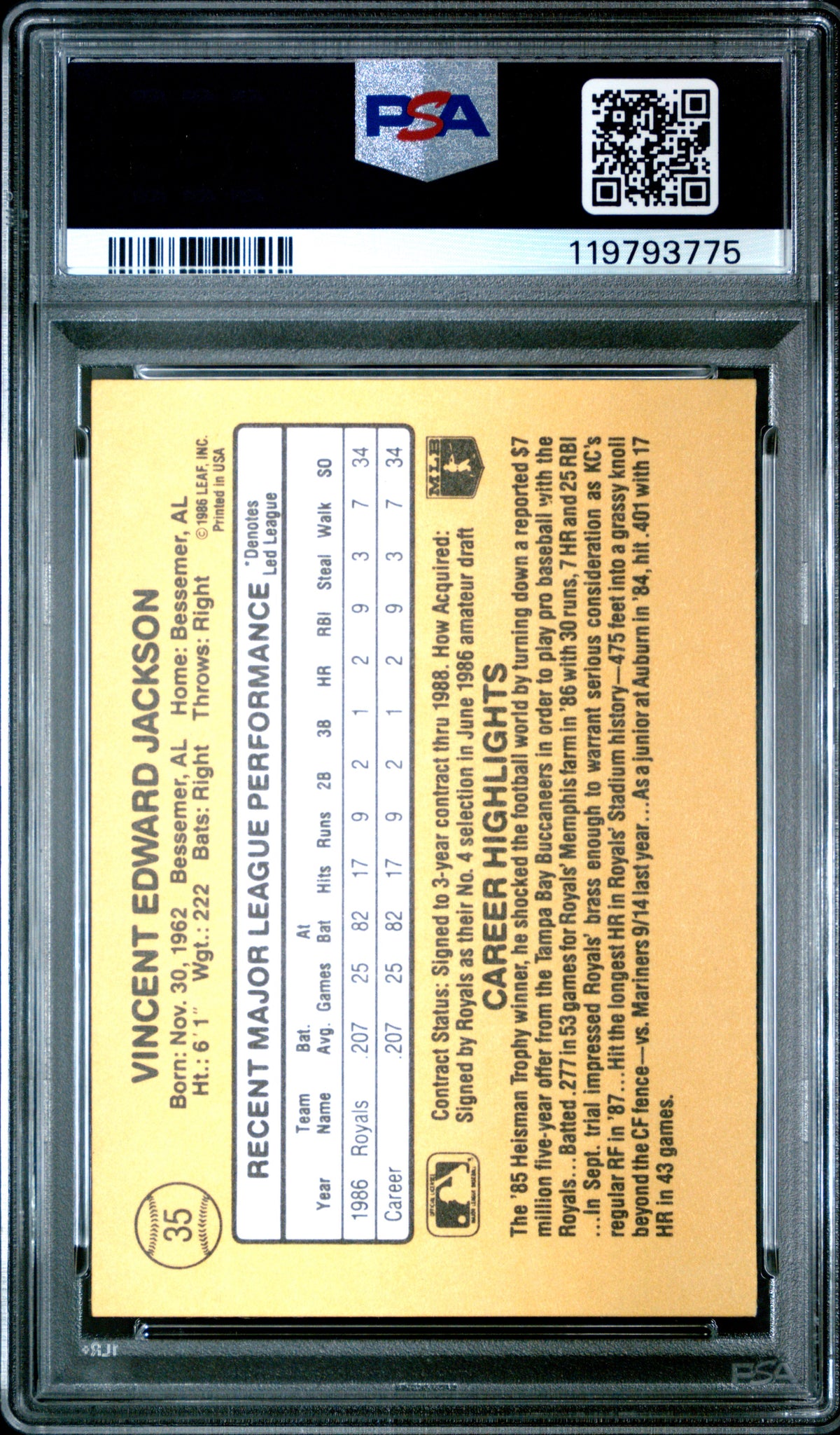 Bo Jackson 1987 Donruss Rated Rookie Kansas City Royals Baseball RC Card #35 Graded PSA 8 Cert #119793775-Powers Sports Memorabilia