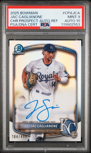 Jac Caglianone 2025 Bowman Chrome Refractor Signed Baseball Rookie Card #CPAJCA Graded PSA 9 Auto 10 184/499 119902553-Powers Sports Memorabilia
