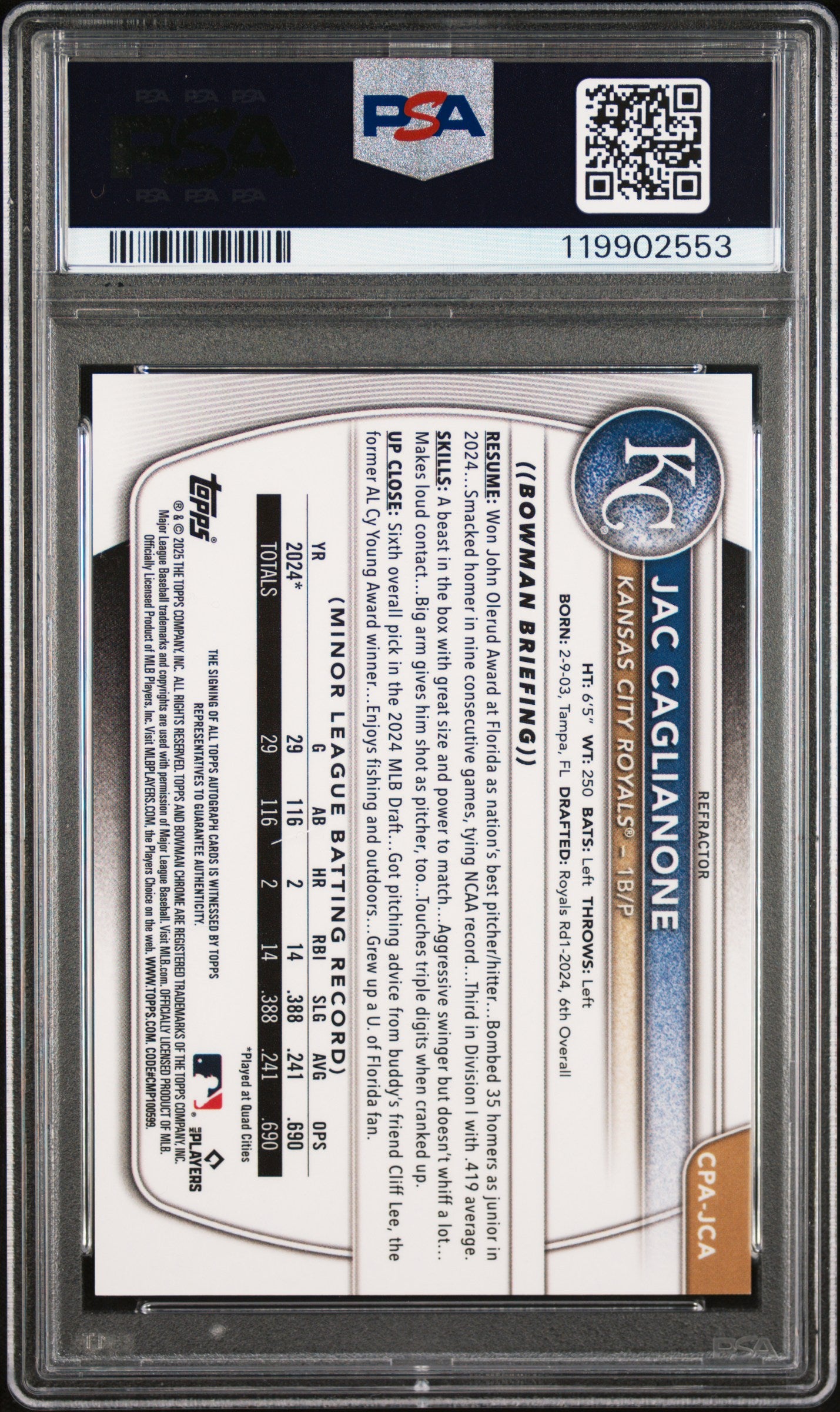 Jac Caglianone 2025 Bowman Chrome Refractor Signed Baseball Rookie Card #CPAJCA Graded PSA 9 Auto 10 184/499 119902553-Powers Sports Memorabilia