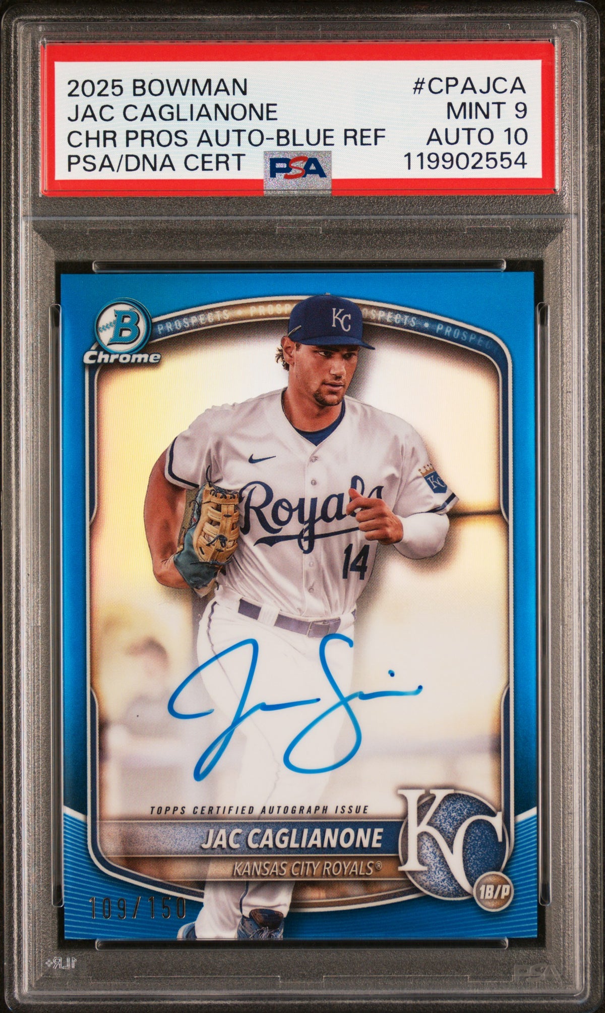 Jac Caglianone 2025 Bowman Chrome Blue Refractor Signed Baseball Rookie Card #CPAJCA Graded PSA 9 Auto 10 109/150 119902554-Powers Sports Memorabilia