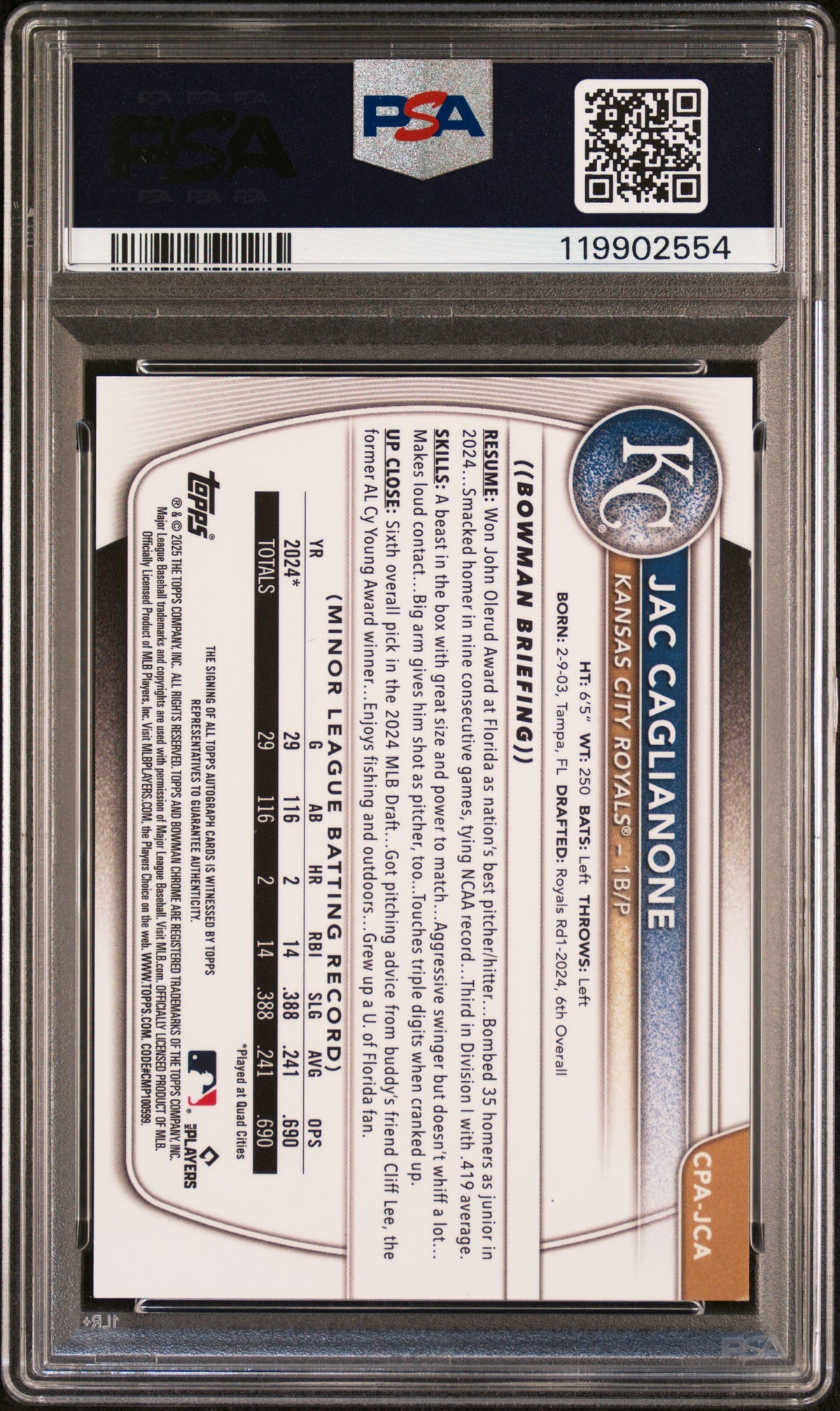 Jac Caglianone 2025 Bowman Chrome Blue Refractor Signed Baseball Rookie Card #CPAJCA Graded PSA 9 Auto 10 109/150 119902554-Powers Sports Memorabilia