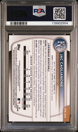 Jac Caglianone 2025 Bowman Chrome Blue Refractor Signed Baseball Rookie Card #CPAJCA Graded PSA 9 Auto 10 109/150 119902554-Powers Sports Memorabilia