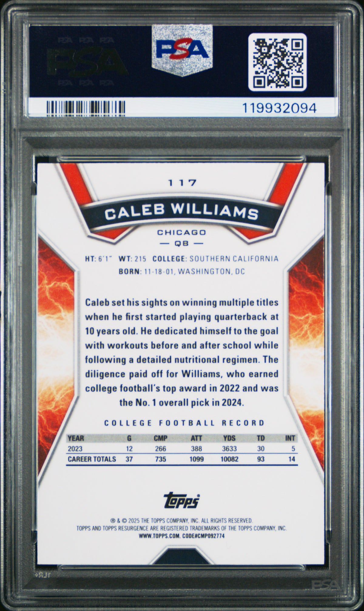 Caleb Williams 2024 Topps Resurgence Football Rookie Card #117 Graded PSA 10 Cert #119932094-Powers Sports Memorabilia