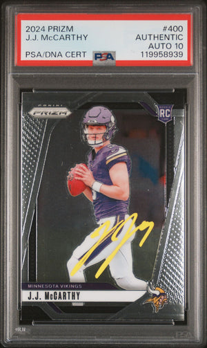 J.J. McCarthy 2024 Panini Prizm Signed Football Rookie Card #400 Auto Graded PSA 10 Cert # 119958939 JJ-Powers Sports Memorabilia