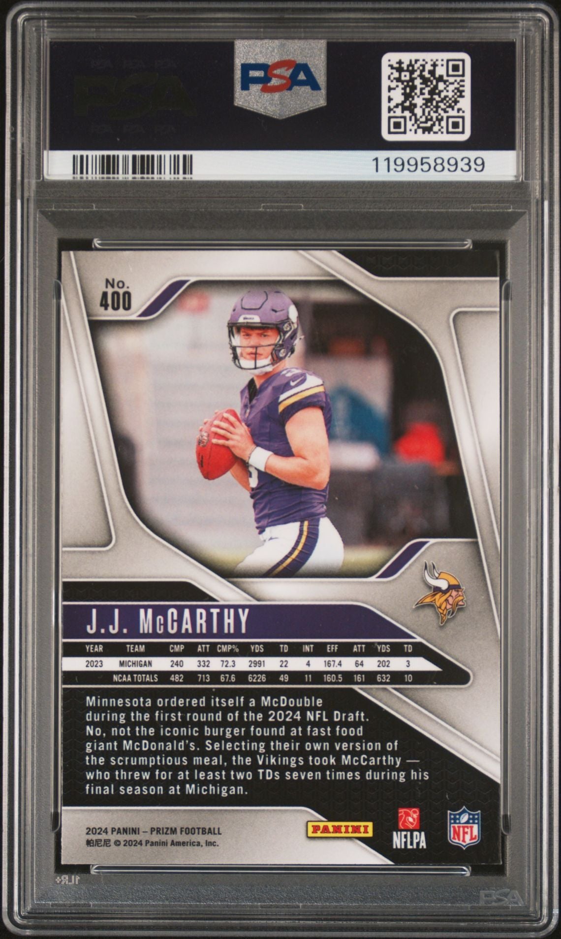 J.J. McCarthy 2024 Panini Prizm Signed Football Rookie Card #400 Auto Graded PSA 10 Cert # 119958939 JJ-Powers Sports Memorabilia