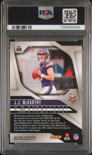 J.J. McCarthy 2024 Panini Prizm Signed Football Rookie Card #400 Auto Graded PSA 10 Cert # 119958939 JJ-Powers Sports Memorabilia