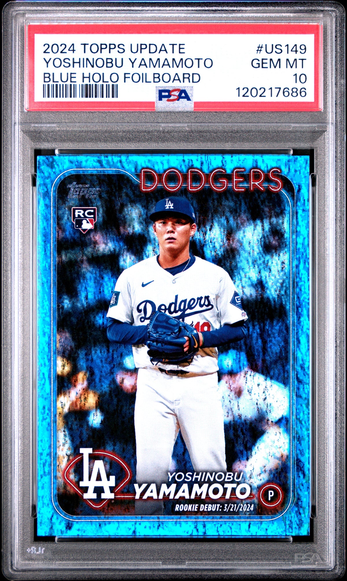 Yoshinobu Yamamoto 2024 Topps Update Blue Holo Foilboard Rookie Baseball Card #US149 Graded PSA 10 120217686 /999 Cert #120217686-Powers Sports Memorabilia