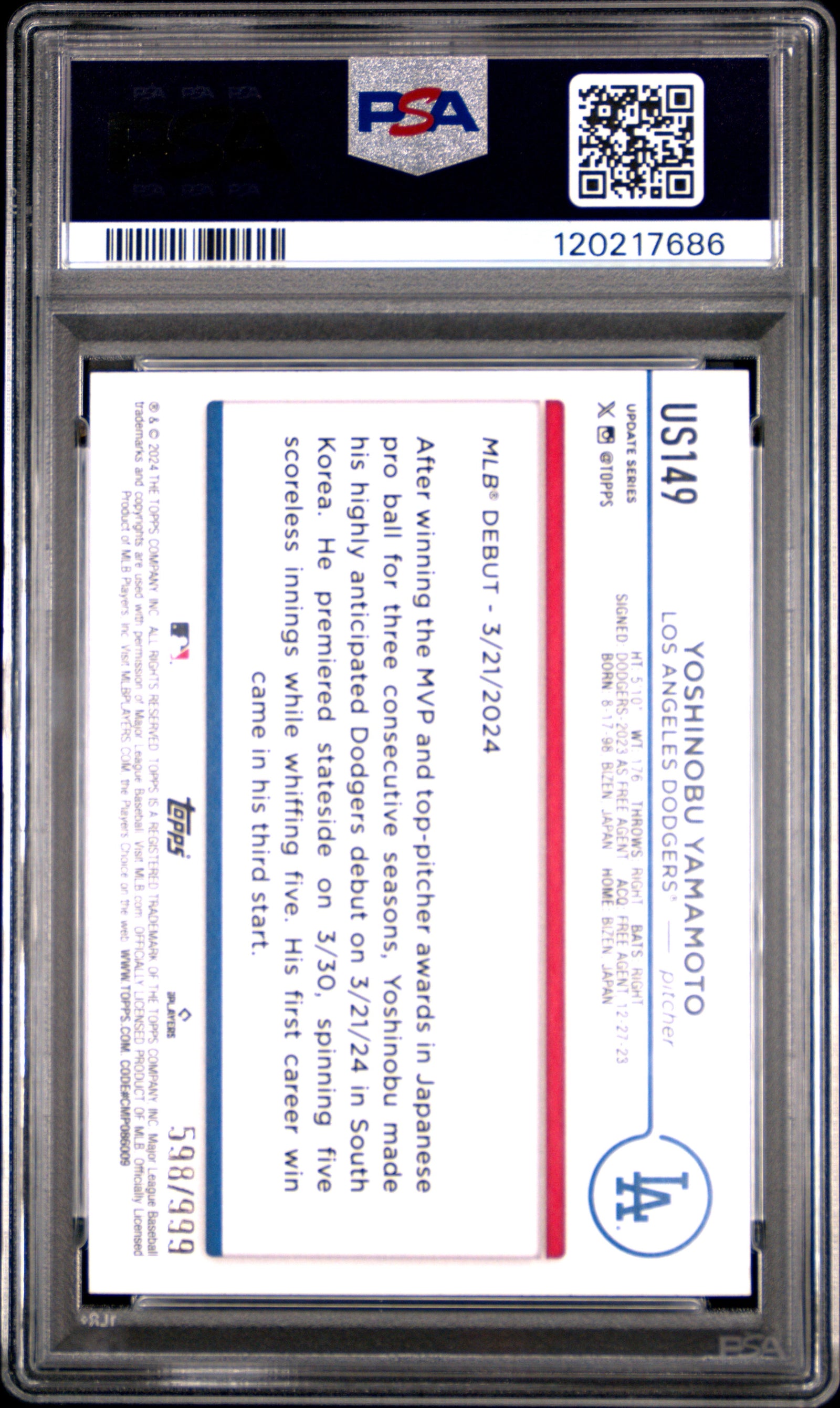 Yoshinobu Yamamoto 2024 Topps Update Blue Holo Foilboard Rookie Baseball Card #US149 Graded PSA 10 120217686 /999 Cert #120217686-Powers Sports Memorabilia