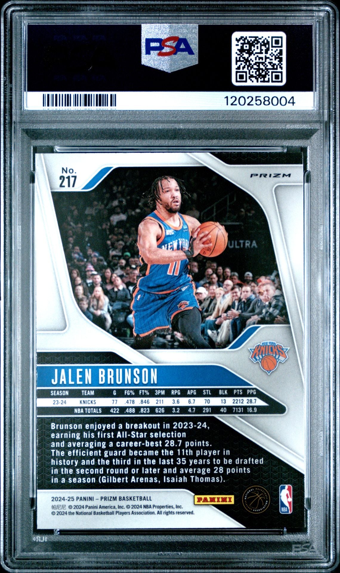 Jalen Brunson 2024 Panini Prizm Silver Basketball Card #217 Graded PSA 10 Cert # 120258004