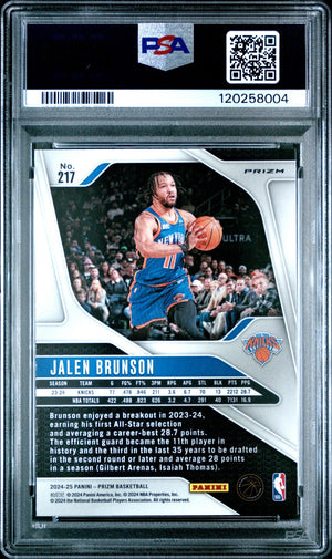 Jalen Brunson 2024 Panini Prizm Silver Basketball Card #217 Graded PSA 10 Cert # 120258004