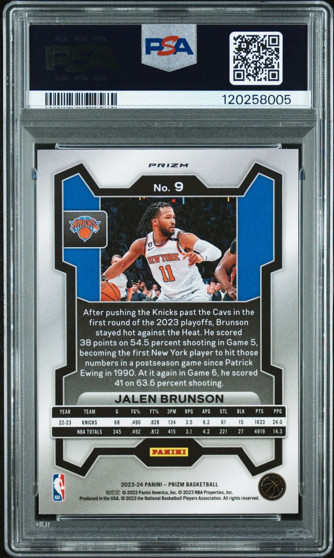 Jalen Brunson 2023 Panini Prizm Silver Basketball Card #9 Graded PSA 6 Cert # 120258005