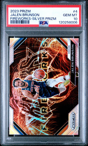Jalen Brunson 2023 Panini Prizm Fireworks Silver Basketball Card #4 Graded PSA 10 Cert # 120258006