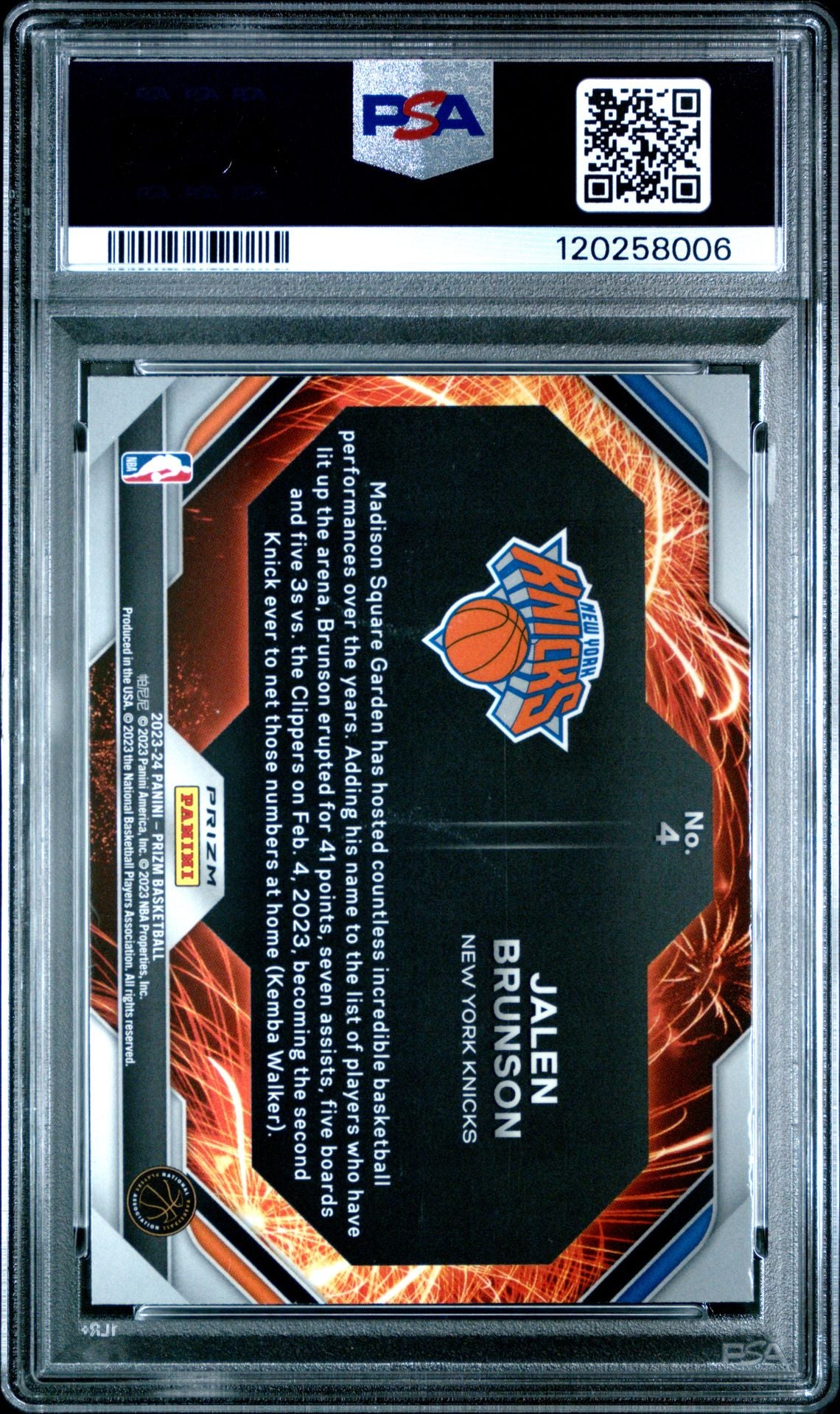 Jalen Brunson 2023 Panini Prizm Fireworks Silver Basketball Card #4 Graded PSA 10 Cert # 120258006