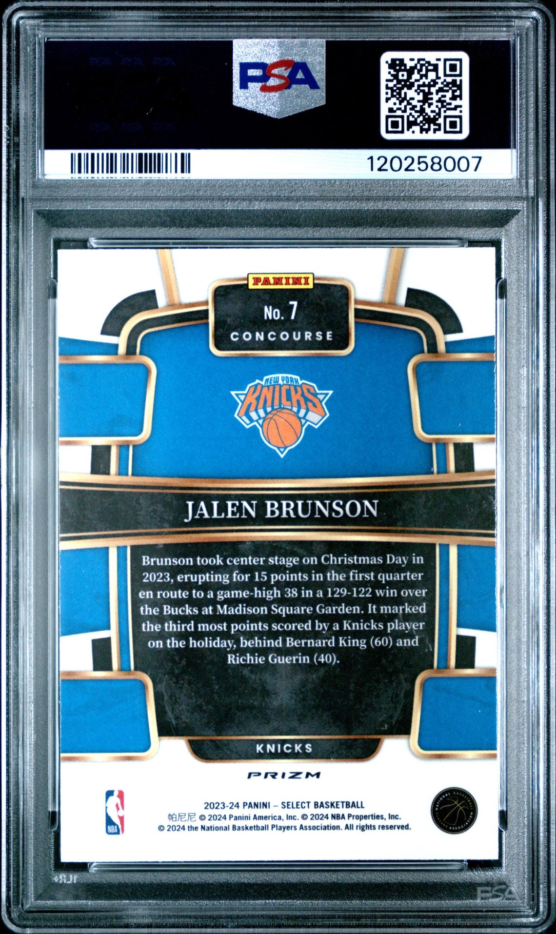 Jalen Brunson 2023 Panini Select Silver Prizm Basketball Card #7 Graded PSA 10 Cert # 120258007