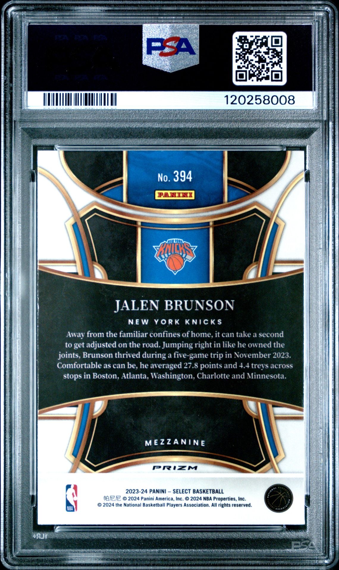Jalen Brunson 2023 Panini Select Orange Tectonic Basketball Card #394 Graded PSA 10 Cert # 120258008