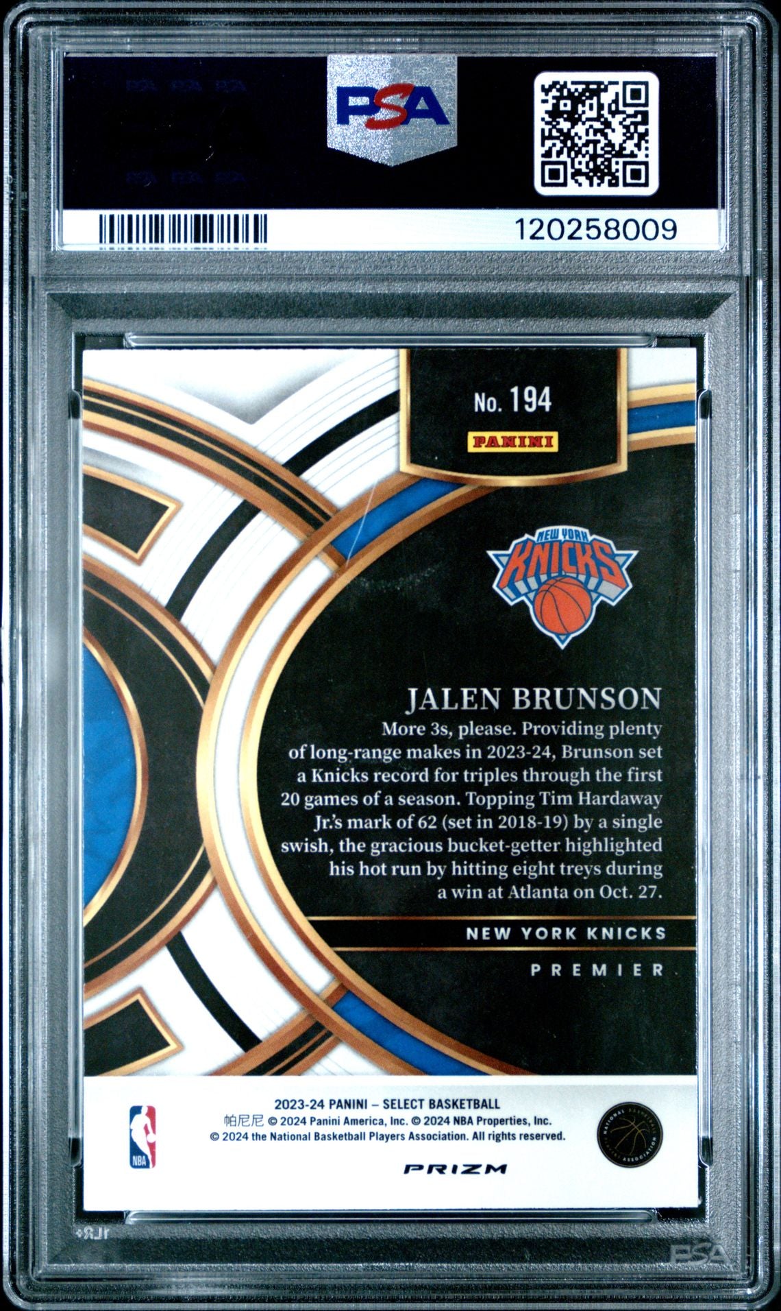 Jalen Brunson 2023 Panini Select Orange Tectonic Basketball Card #194 Graded PSA 10 Cert # 120258009