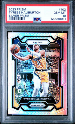 Tyrese Haliburton 2023 Panini Prizm Silver Basketball Card #102 Graded PSA 10 Cert # 120258011
