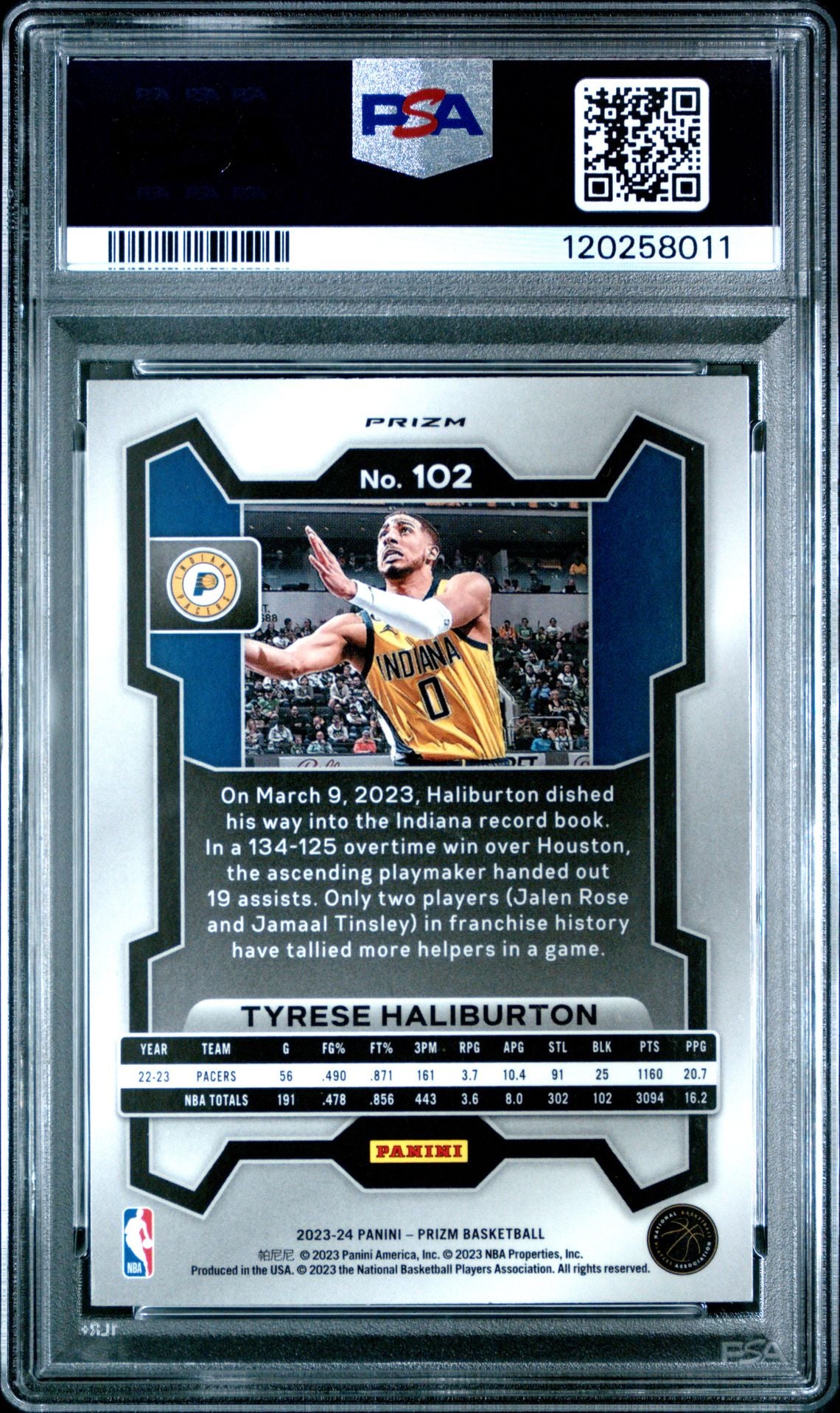 Tyrese Haliburton 2023 Panini Prizm Silver Basketball Card #102 Graded PSA 10 Cert # 120258011