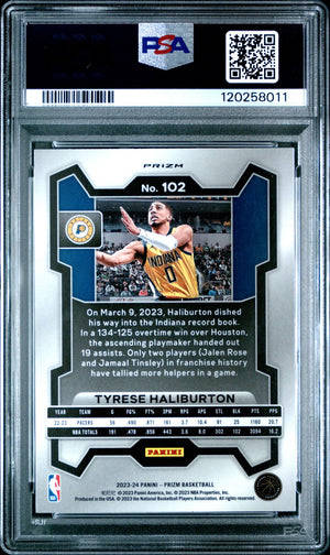 Tyrese Haliburton 2023 Panini Prizm Silver Basketball Card #102 Graded PSA 10 Cert # 120258011