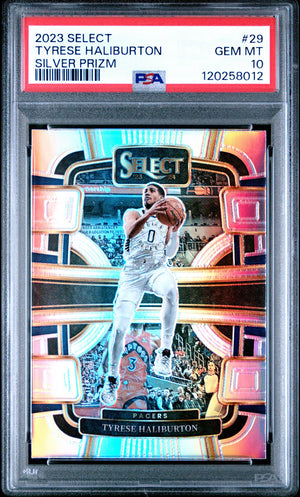 Tyrese Haliburton 2023 Panini Select Silver Prizm Basketball Card #29 Graded PSA 10 Cert # 120258012