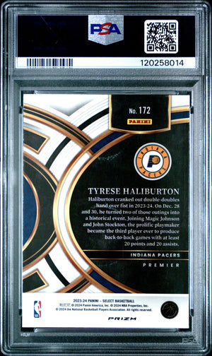 Tyrese Haliburton 2023 Panini Select Silver Prizm Basketball Card #172 Graded PSA 10 Cert # 120258014