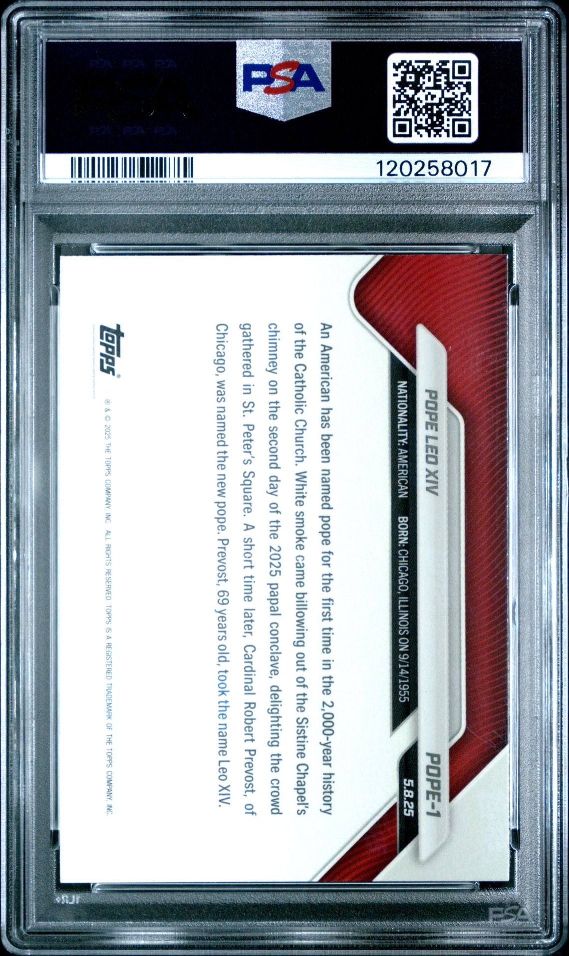 Pope Leo XIV 2025 Topps Now Card #POPE1 Graded PSA 8 120258017