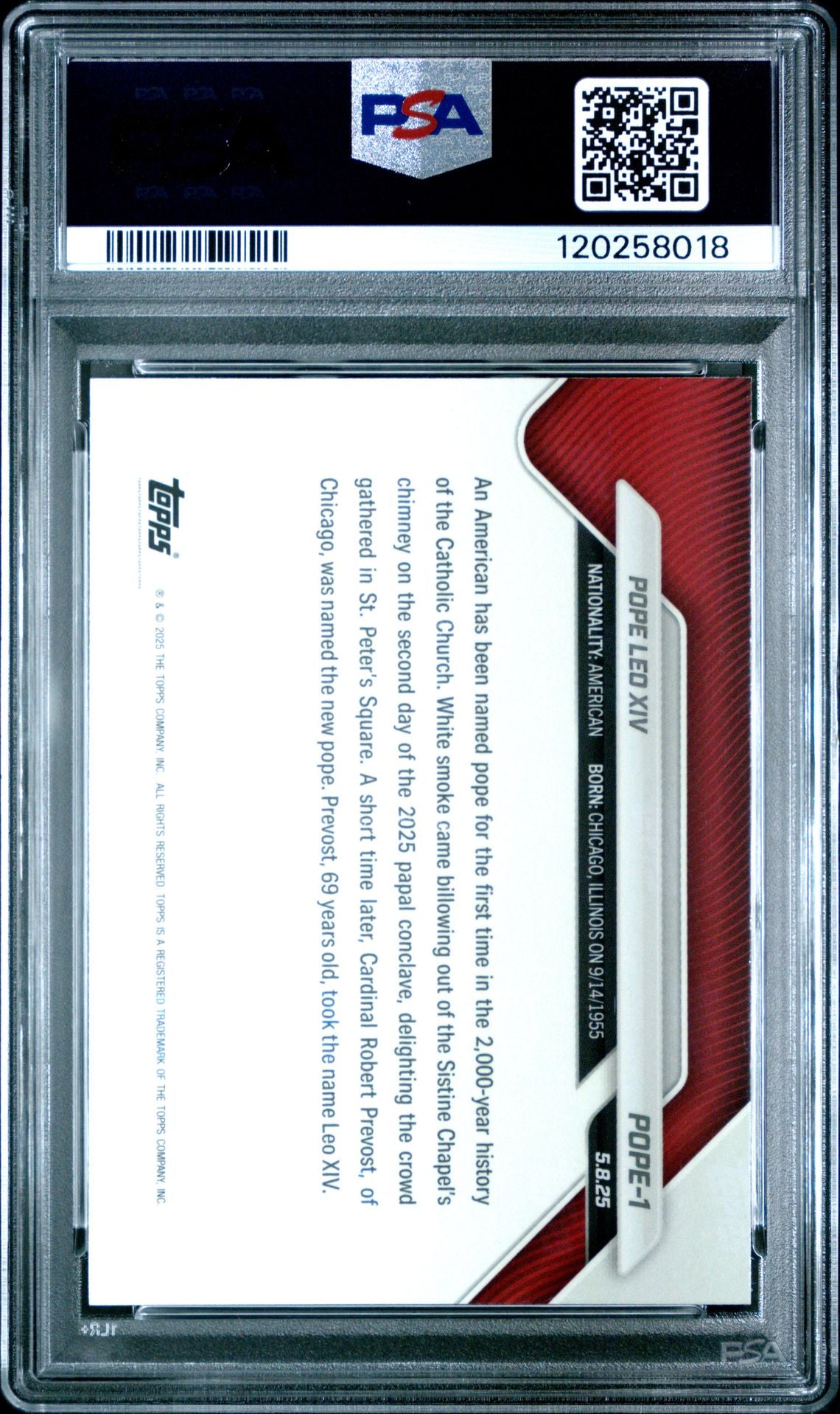 Pope Leo XIV 2025 Topps Now Card #POPE1 Graded PSA 10 120258018