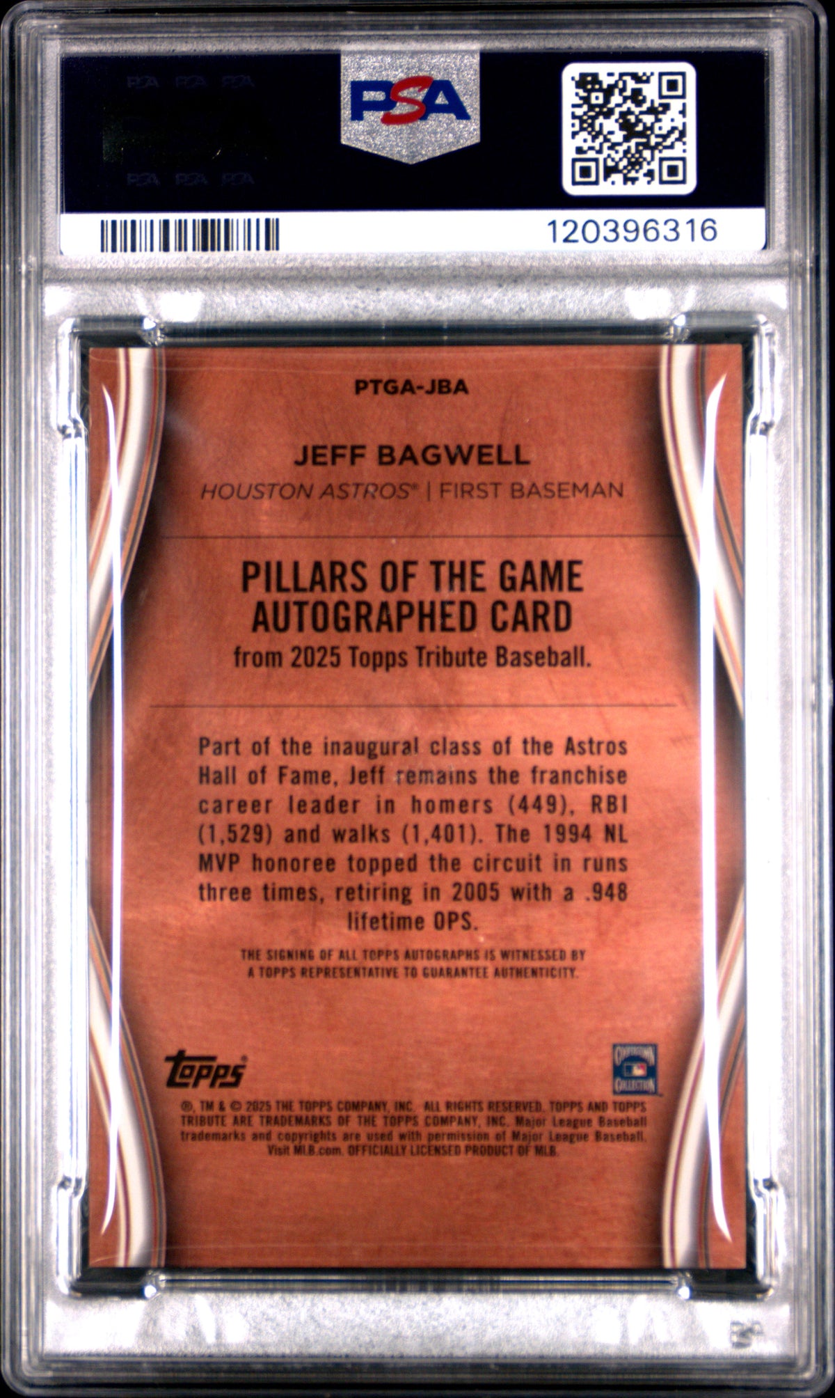 Jeff Bagwell 2025 Topps Tribute Pillars of the Game Signed Baseball Card #JBA Graded PSA Authentic 179/199 Cert #120396316-Powers Sports Memorabilia
