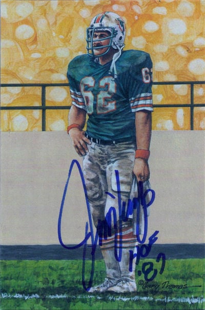 Jim Langer Signed Miami Dolphins Goal Line Art in blue w/HOF 87-Powers Sports Memorabilia