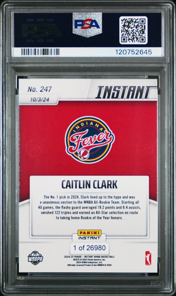 Caitlin Clark 2024 Panini Instant WNBA Indiana Fever Basketball Rookie Card RC #247 Graded PSA 10 Cert #120752645-Powers Sports Memorabilia