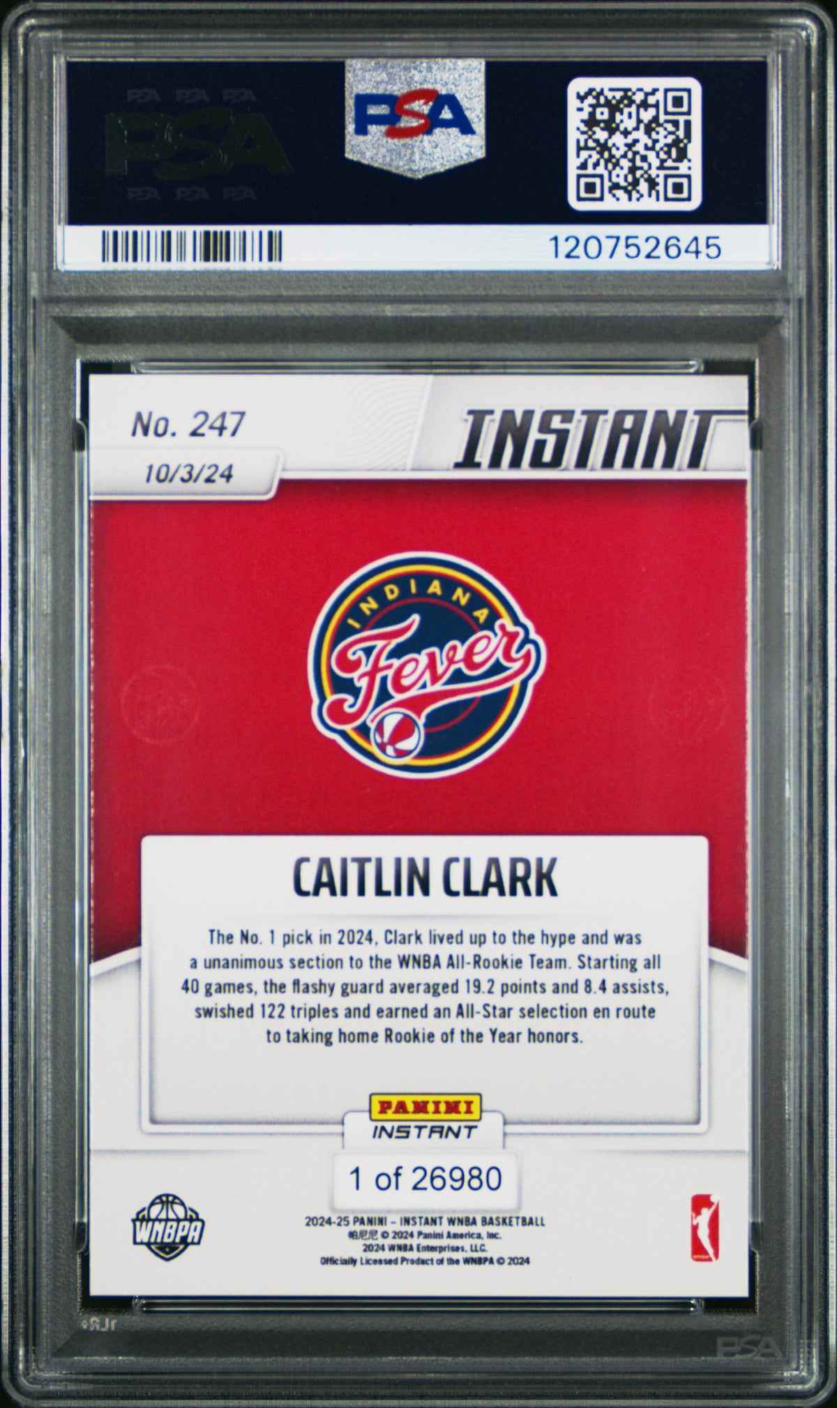 Caitlin Clark 2024 Panini Instant WNBA Indiana Fever Basketball Rookie Card RC #247 Graded PSA 10 Cert #120752645