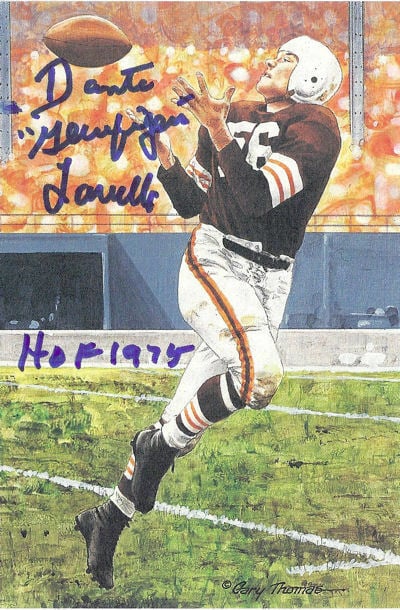 Dante Lavelli Signed Cleveland Browns Goal Line Art in blue w/HOF 75-Powers Sports Memorabilia