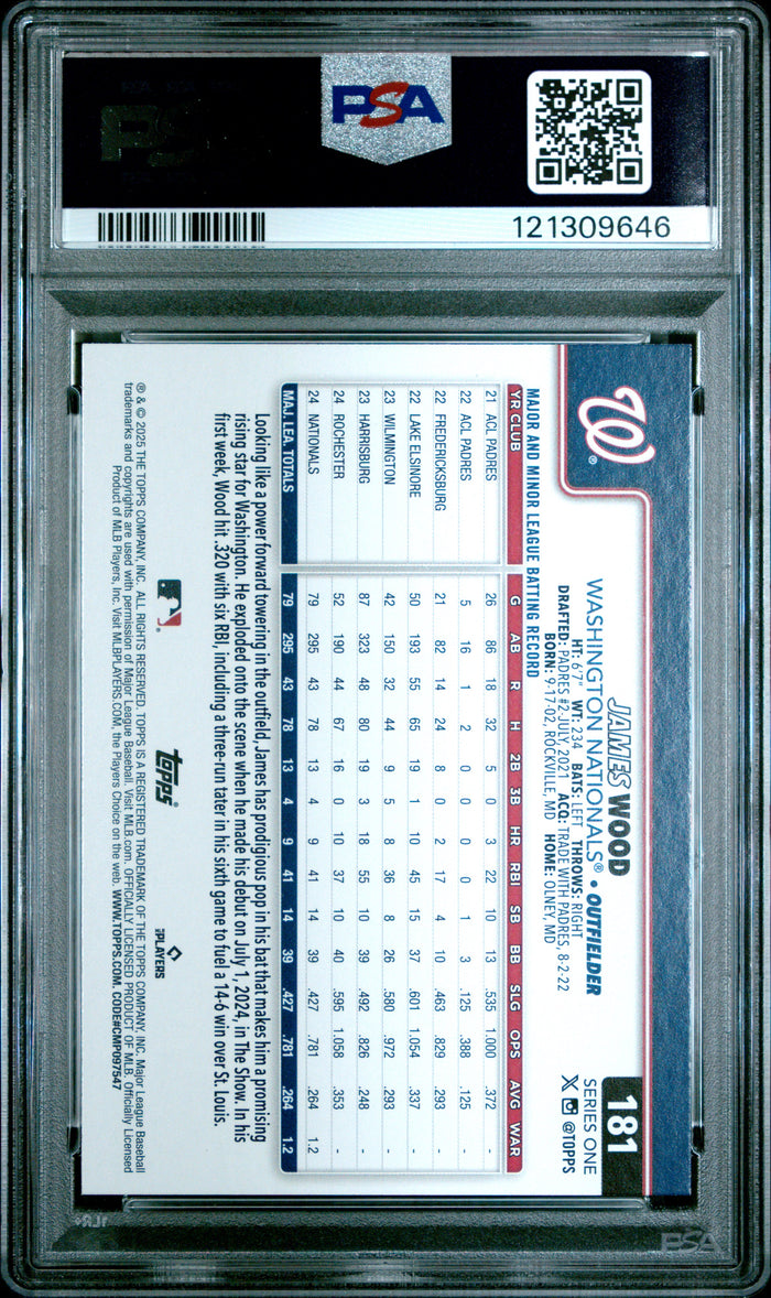 James Wood 2025 Topps Nationals RC Rookie Card #181 PSA 10-Powers Sports Memorabilia